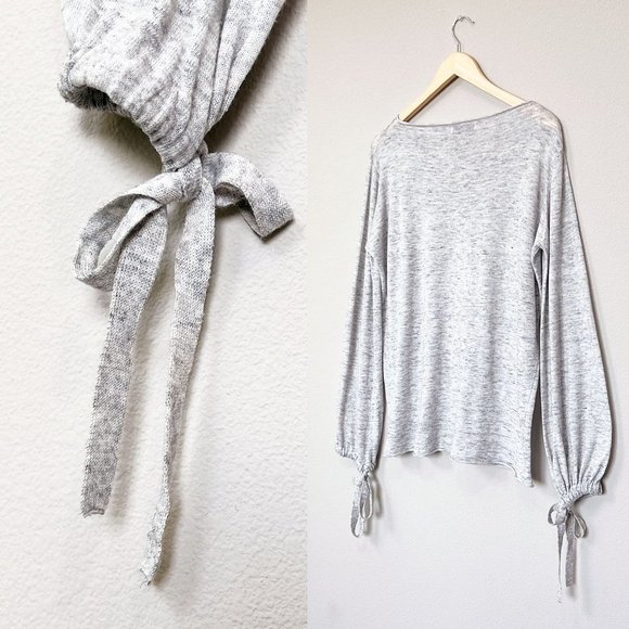 Zara Heather Gray Long Bow Tie Strap Cuff Balloon Sleeves Light Weight Sweater S - Picture 4 of 11